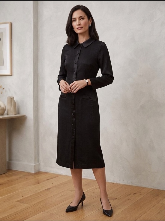Brownstone Studio Dresses & Skirts - Brownstone Studio Vintage Black Satin Button-Front Long Shirt Dress size 10